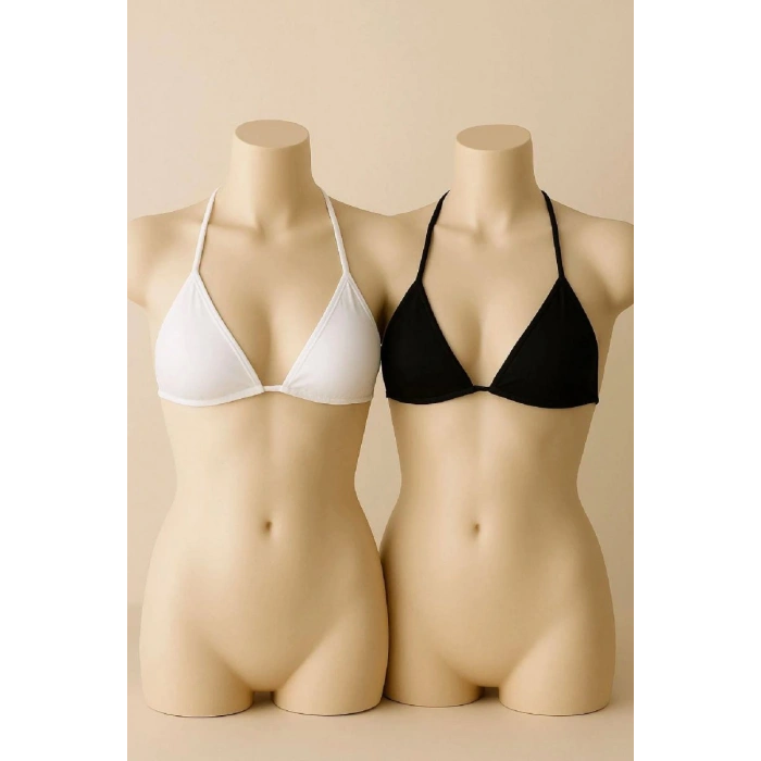 Siyah Ve Beyaz 2’li Üçgen Bikini Üstü Seti Bağlamalı Minimal Kesim Esnek Kadın Mayo Üstü