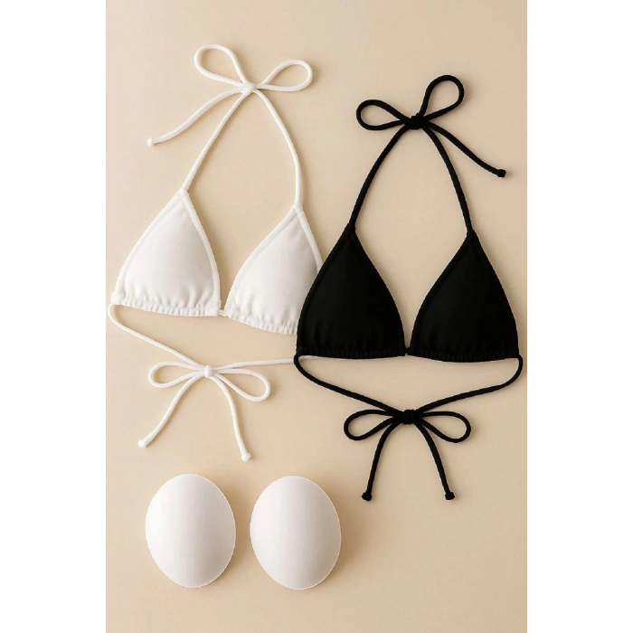Siyah Ve Beyaz 2’li Üçgen Bikini Üstü Seti Bağlamalı Minimal Kesim Esnek Kadın Mayo Üstü