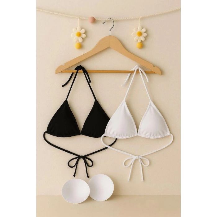 Siyah Ve Beyaz 2’li Üçgen Bikini Üstü Seti Bağlamalı Minimal Kesim Esnek Kadın Mayo Üstü