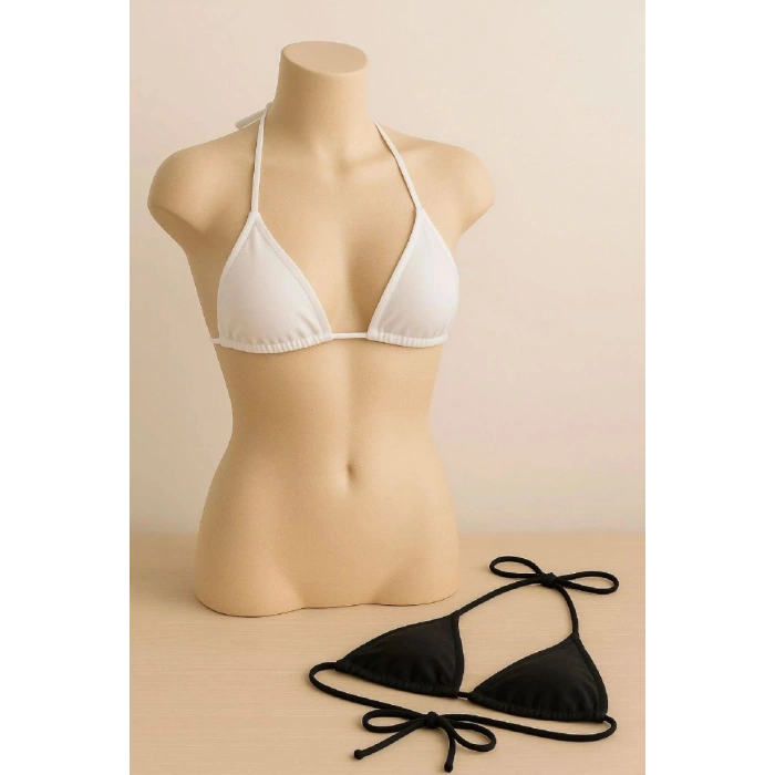 Siyah Ve Beyaz 2’li Üçgen Bikini Üstü Seti Bağlamalı Minimal Kesim Esnek Kadın Mayo Üstü