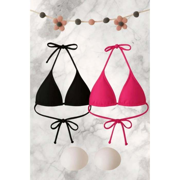 Siyah Ve Fuşya Detaylı Üçgen Bikini Üstü Bağlamalı Kadın Mayo Üstü 2li