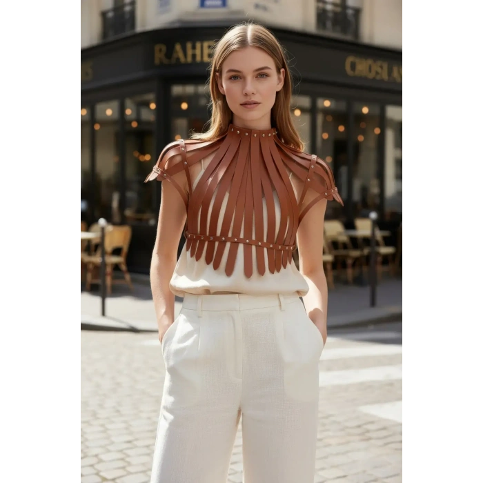 Taba Kadın Kemer Deri Şeritli Yüksek Yaka Vücut Aksesuarı - Brf1257