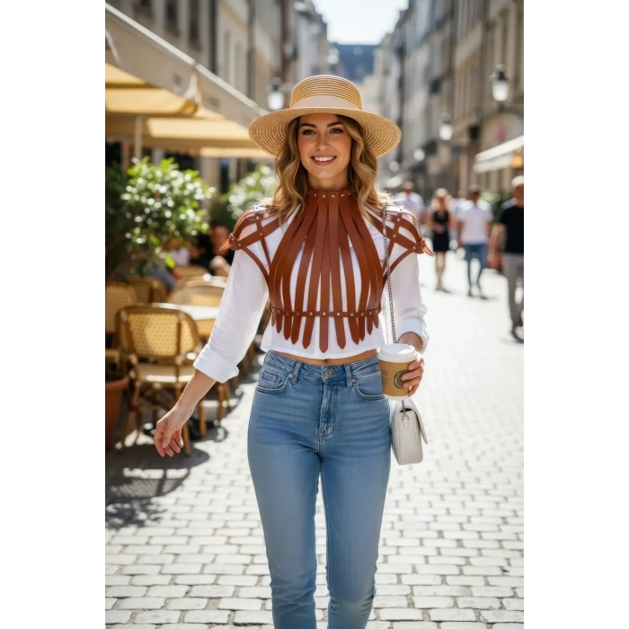 Taba Kadın Kemer Deri Şeritli Yüksek Yaka Vücut Aksesuarı - Brf1257