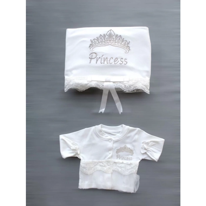 Taçlı Prensesim Nakışlı %100 Cotton Antibakteriyel 10lu Zıbın Takımı Hastane Çıkışı Ekru