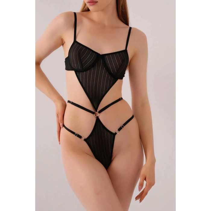 Transparan Siyah Dekolteli Balenli Fantazi İç Giyim Body
