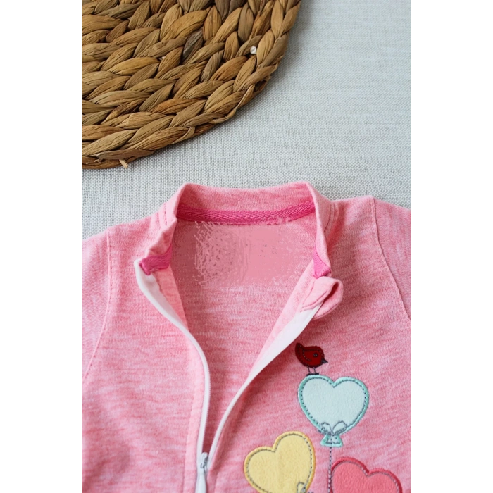 Uçan Balonlar Nakışlı Ef Boy Fermuarlı Kız Bebek Tulumu Pembe