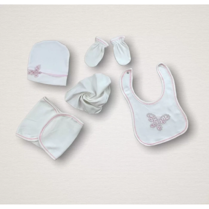 Uçan Kelebekler Nakışlı %100 Cotton Antibakteriyel 10lu Zıbın Takımı Hastane Çıkışı Pembe