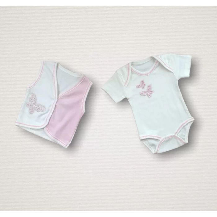 Uçan Kelebekler Nakışlı %100 Cotton Antibakteriyel 10lu Zıbın Takımı Hastane Çıkışı Pembe