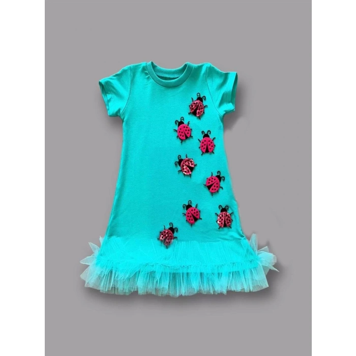 Uğur Böceği Nakışlı Fırfır Uçlu Kız Çocuk Jile Elbisesi Turkuaz