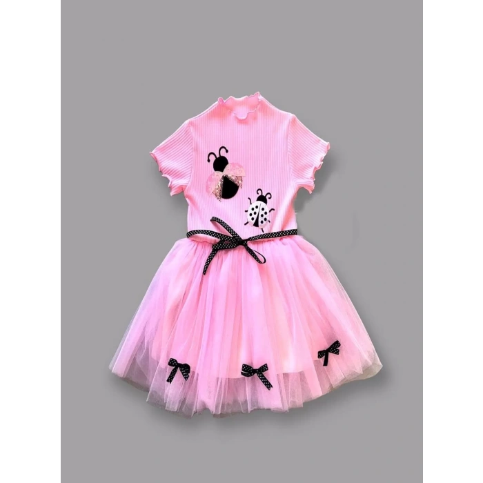 Uğur Böceği Nakışlı Kurdela Kuşak Kız Çocuk Elbisesi Pembe