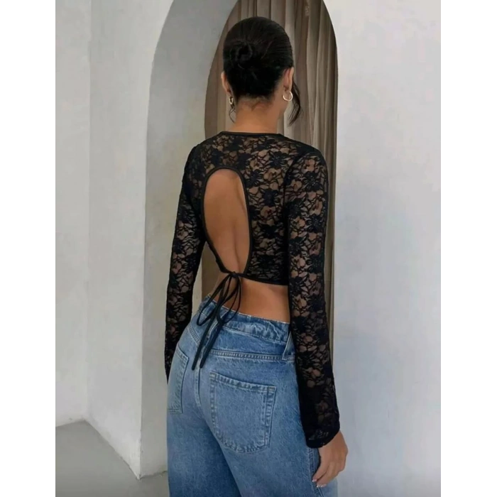 Uzun Kollu Dantel Crop Kadın Arkası Dekolteli Bağcıklı Esnek Şık Üst