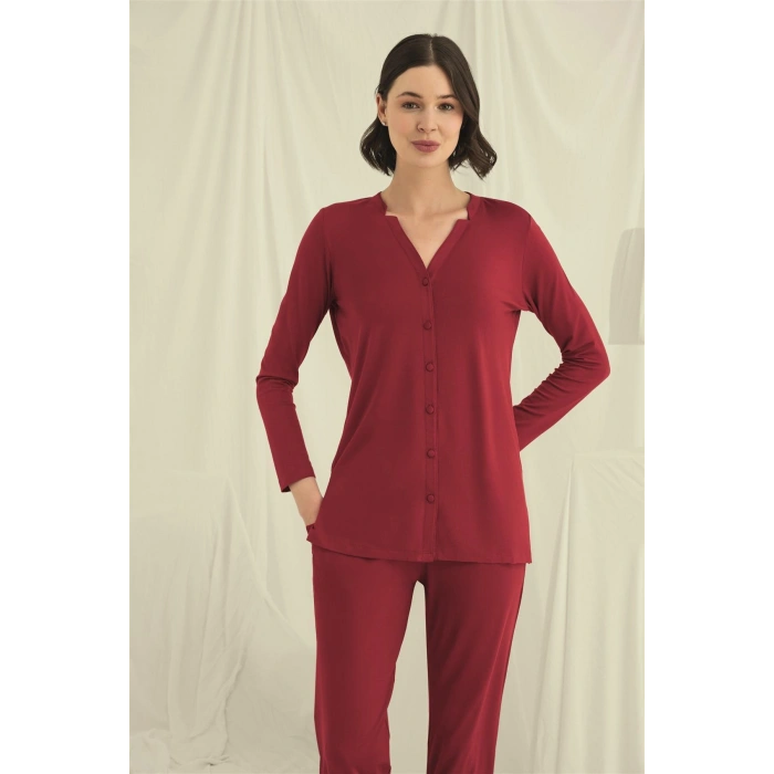 Uzun Kollu Düğmeli V Yaka Pijama Takımı