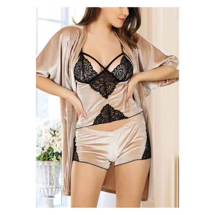 Vizon Kadife Dantelli Sabahlık & Gecelik Takım 3 Lü - 1398