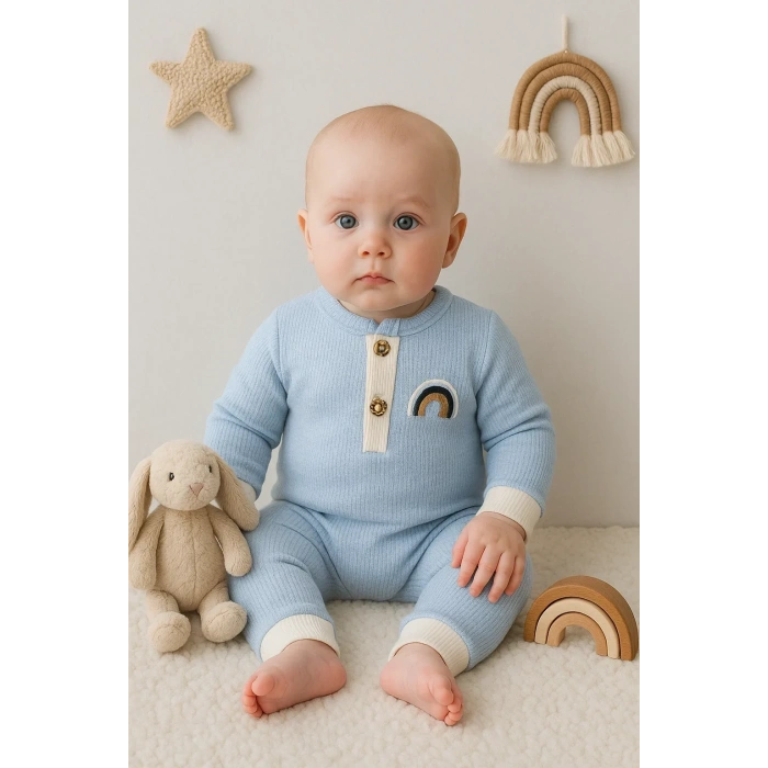 Waffle Gökkuşağı Nakışlı Erkek Bebek Tulumu