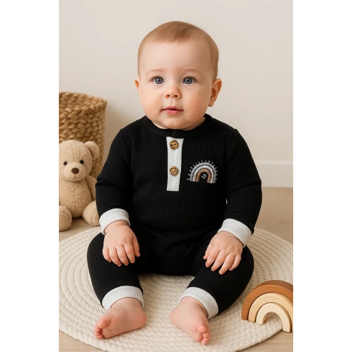 Waffle Gökkuşağı Nakışlı Erkek Bebek Tulumu