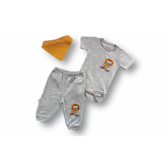 Yavru Aslan Nakışlı Bandajlı Kısa Kollu Zıbınlı 3lü Erkek Bebek Takımı Gri