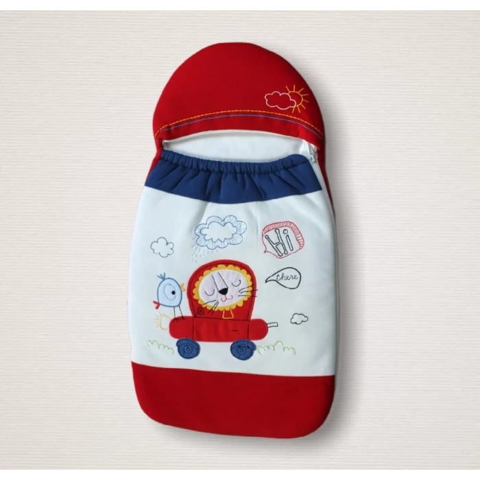 Yenidoğan Arabalı Aslan Nakışlı Fermuarlı Şapkalı Klasik Kundak Bebek Battaniyesi Mavi