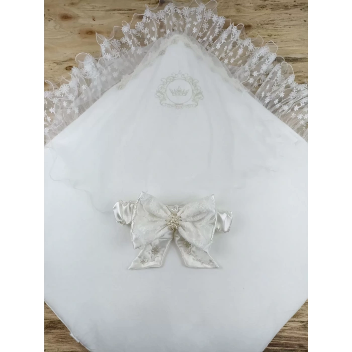 Yenidoğan İpek Venüs Taç Nakışlı Delüks Kundak Bebek Battaniyesi Ekru