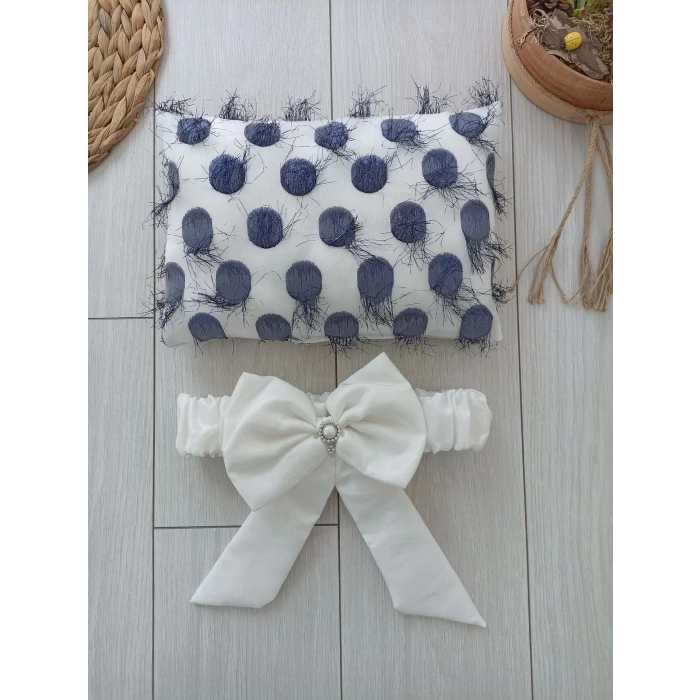 Yenidoğan İzmir İncisi Tül İşlemeli Pamuklu Fiyonklu Kundaklı Lüks 3lü Alt Açma Seti Lacivert