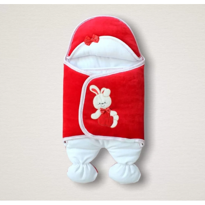 Yenidoğan Kadife Kumaş Ayıcık Nakışlı Şapkalı Kız Erkek Bebek Aklı Kundak Bebek Battaniyesi Kırmızı