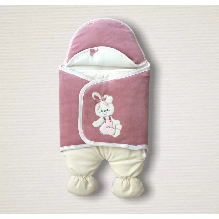 Yenidoğan Kadife Kumaş Ayıcık Nakışlı Şapkalı Kız Erkek Bebek Aklı Kundak Bebek Battaniyesi Gül Kurusu