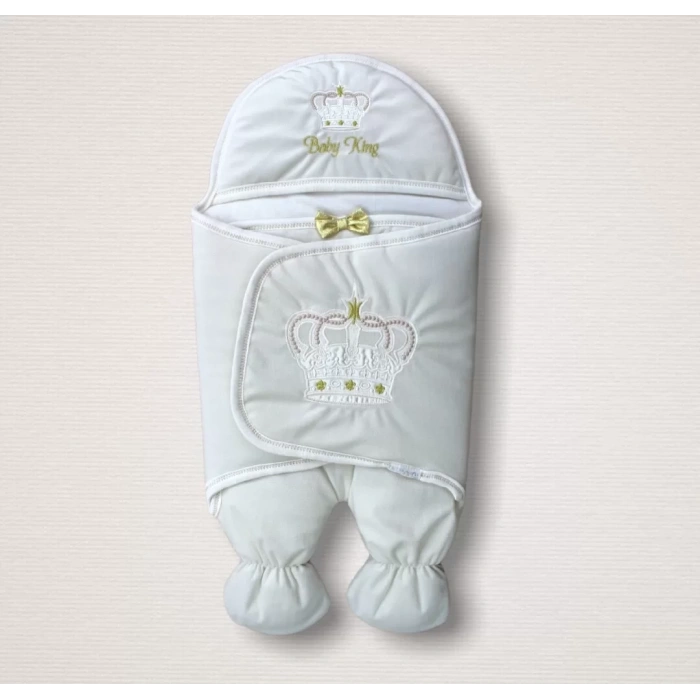 Yenidoğan King Baby Taç Nakışlı Aklı Erkek Bebek Kundak Ekru