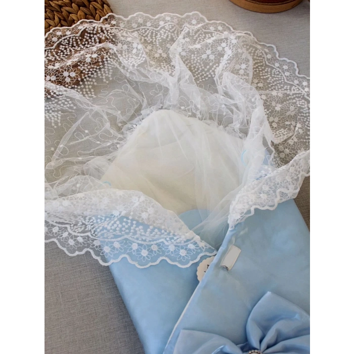 Yenidoğan Kumru İnci Fiyonk Kristal Parlak Duvaklı Kundak Bebek Battaniyesi Mavi