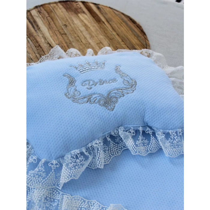 Yenidoğan Sahra Taç Nakışlı Trilüks 2li Alt Açma Seti Mavi