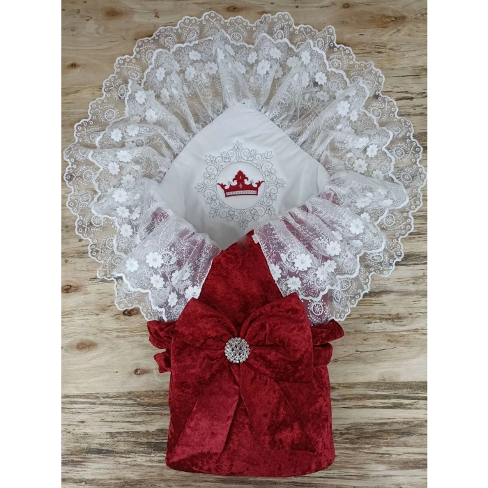 Yenidoğan Sar Kadife Taç Nakışlı İnci Fiyonklu Çift Dantel Duvak Trilüks Kundak Bebek Battaniyesi Bordo