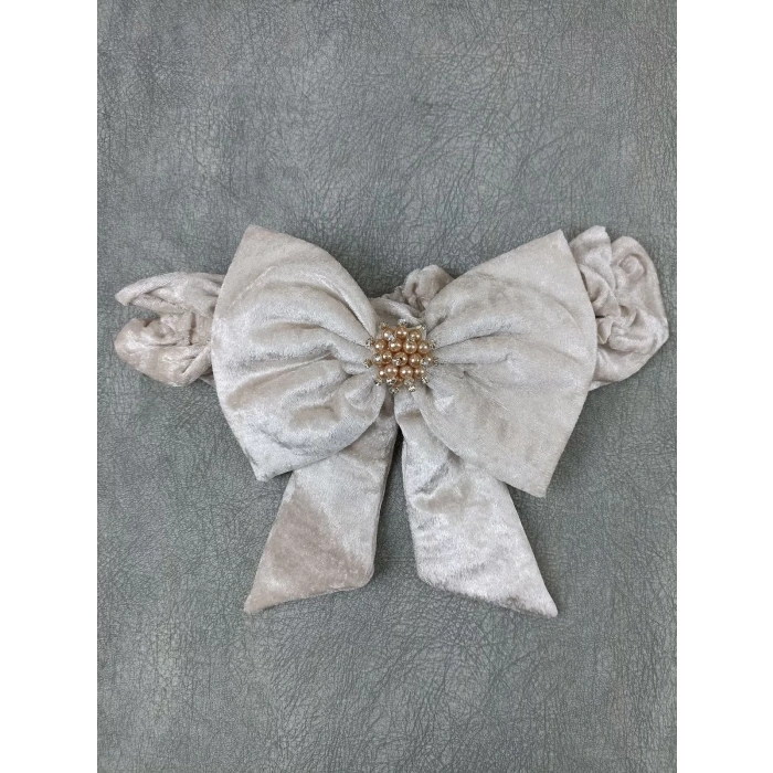 Yenidoğan Sar Kadife Taç Nakışlı İnci Fiyonklu Çift Dantel Duvak Trilüks Kundak Bebek Battaniyesi Vizon-ekru