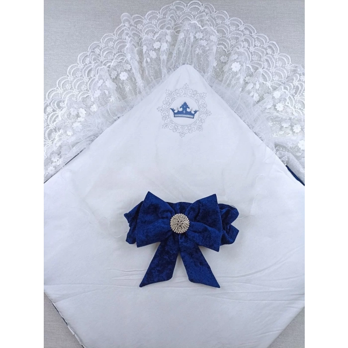 Yenidoğan Sar Kadife Taç Nakışlı İnci Fiyonklu Çift Dantel Duvak Trilüks Kundak Bebek Battaniyesi Lacivert