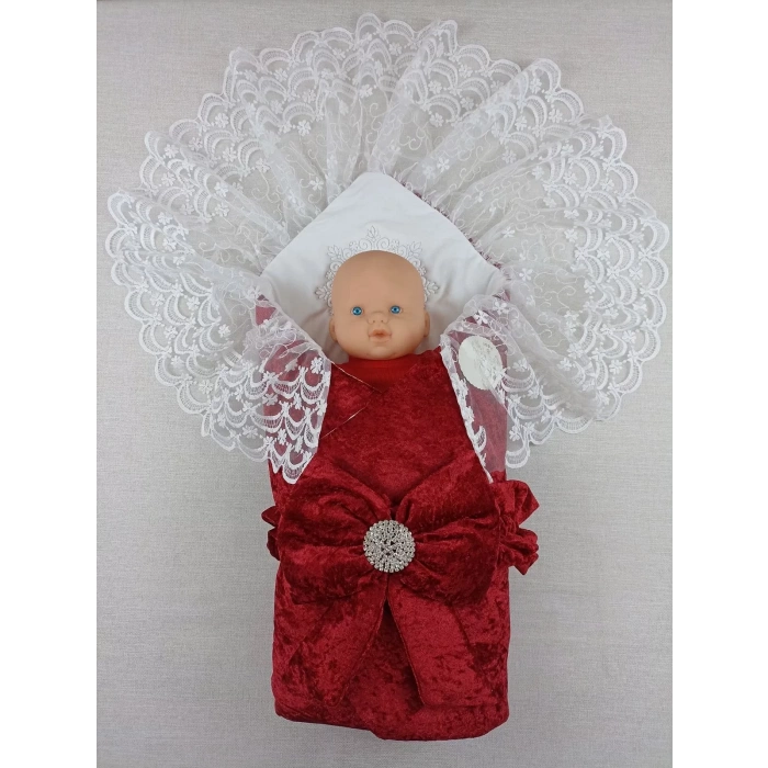 Yenidoğan Sar Kadife Taç Nakışlı İnci Fiyonklu Dantel Duvak Trilüks Kundak Bebek Battaniye Bordo