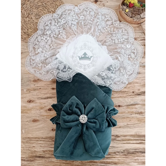 Yenidoğan Sar Kadife Taç Nakışlı İnci Fiyonklu Dantel Duvak Trilüks Kundak Bebek Battaniye Yeşil