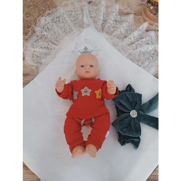 Yenidoğan Sar Kadife Taç Nakışlı İnci Fiyonklu Dantel Duvak Trilüks Kundak Bebek Battaniye Yeşil