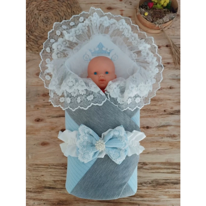 Yenidoğan Teri Cotton Taç Nakışlı Prizma Taş Kundak Bebek Battaniyesi Mavi