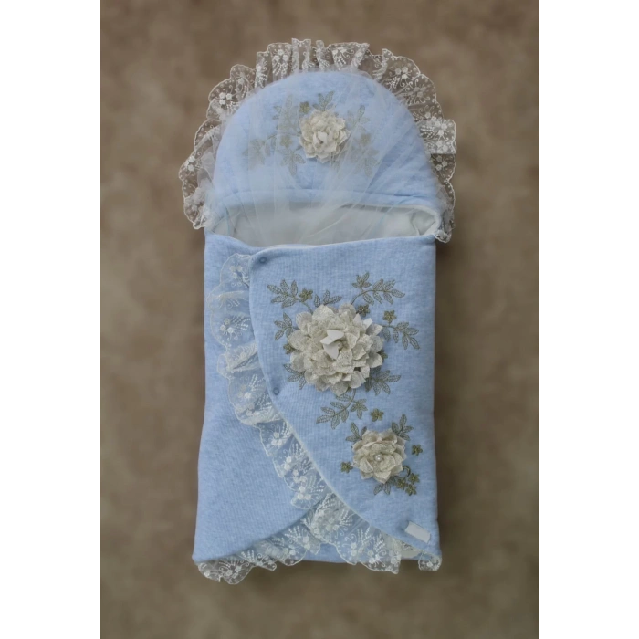 Yenidoğan Üç Gül Bahçesi Erkek Kundak Bebek Battaniyesi Mavi