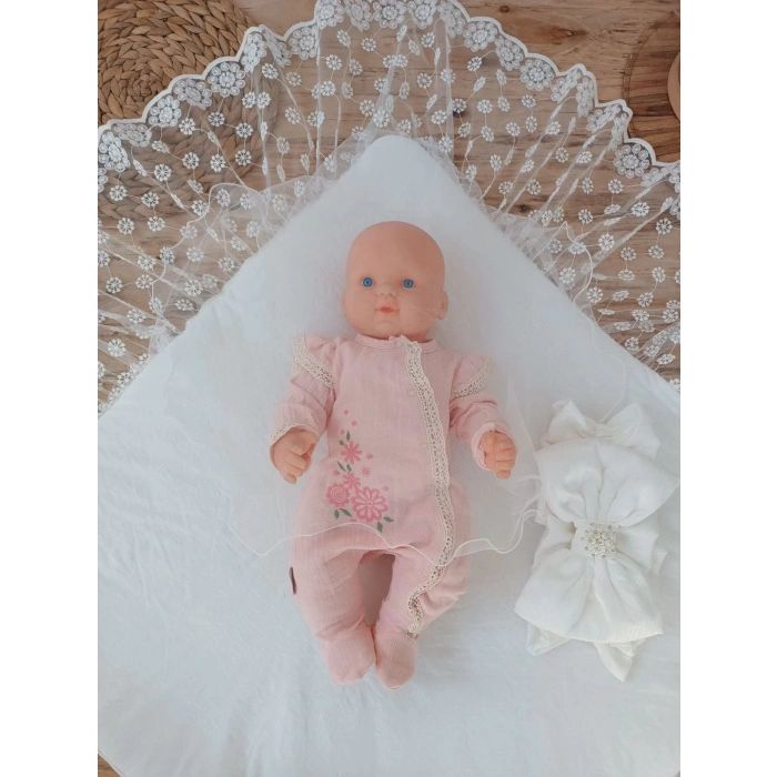 Yenidoğanışığı Papatya Dantelli Taşlı Fiyonk Bebek Battaniyesi Kundak Ekru