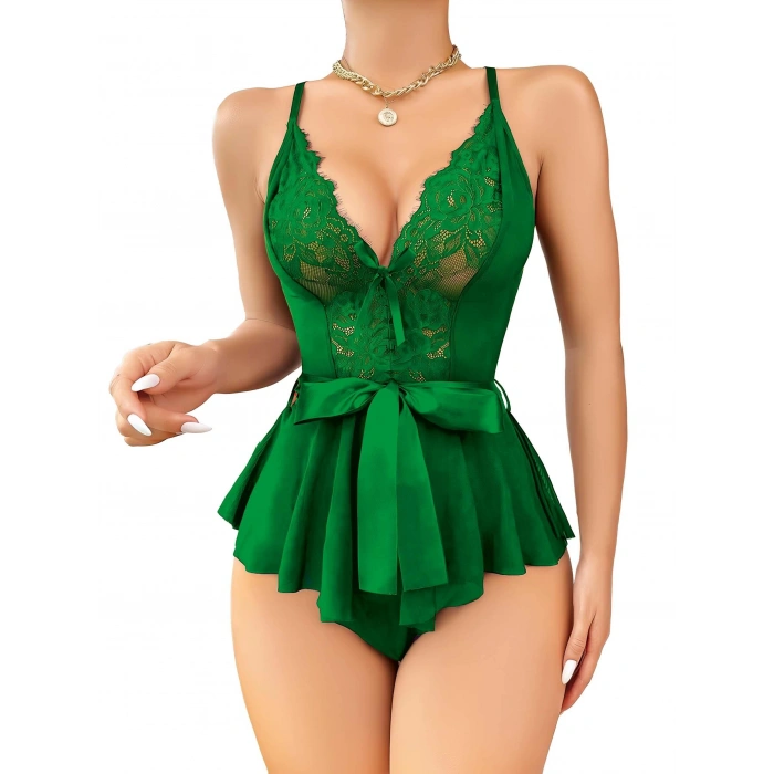Yeşil Dantel İşlemeli Kurdelalı Fantezi Tül Babydoll