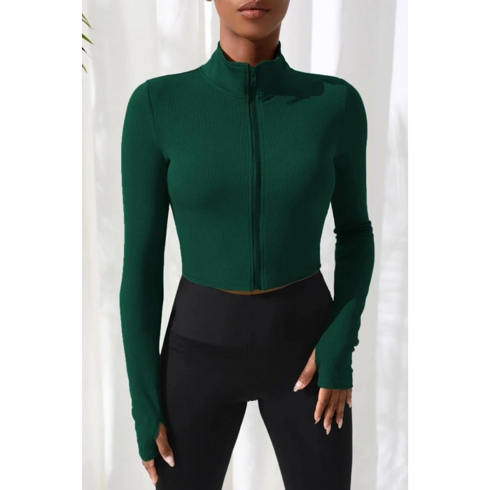 Yeşil Dik Yaka Fermuarlı Uzun Kollu Parmak Geçmeli Crop Top Spor Bluz