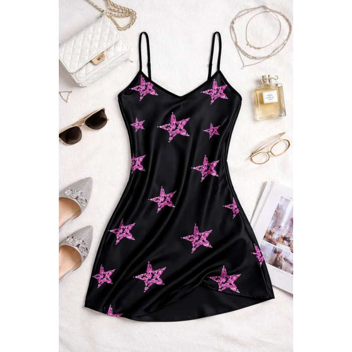 Yıldız Desenli Siyah Saten Gecelik