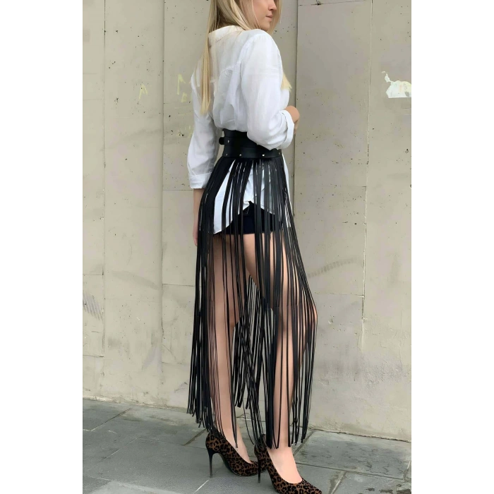 Yüksek Bel Şık Deri Püsküllü Seksi Etek - Brf1003