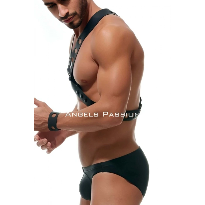Yuvarlak Detaylı X Harness - Şık Erkek  Göğüs Harness, Deri Harness - Brfm219