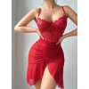 Ateş Kırmızısı Önden Yırtmaçlı Tül Gecelik Kadın İç Giyim