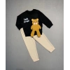 Ayıcık Sallanan Ayak Desenli Likra Penye Kumaş Sweat Pantolonlu Kız Erkek 2li Çocuk Takımı Siyah