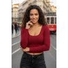 Bordo Derin U Yaka Crop Top Uzun Kollu Dar Kesim Kadın Bluz