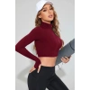 Bordo Dik Yaka Fermuarlı Uzun Kollu Parmak Geçmeli Crop Top Spor Bluz