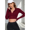 Bordo Dik Yaka Fermuarlı Uzun Kollu Parmak Geçmeli Crop Top Spor Bluz