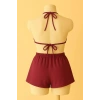 Bordo Şortlu Bağlamalı Bikini Takımı Üçgen Kesim Ayarlanabilir Esnek Kumaş Kadın Mayo Seti