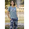 Çiçek Ve Yaprak Desenli Ve Baskılı Pijama Takımı