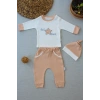 Full Star Nakışlı Şapkalı Uzun Kollu Sweat 3lü Erkek Bebek Takımı Buğd